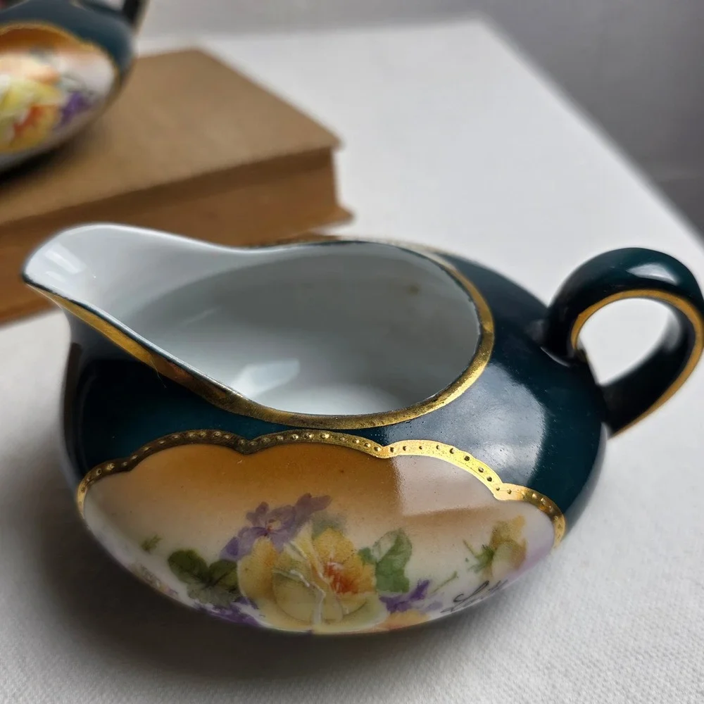 Vintage 1900s Bavaria Germany Hand Painted Floral Porcelain Creamer & Sugar Set
